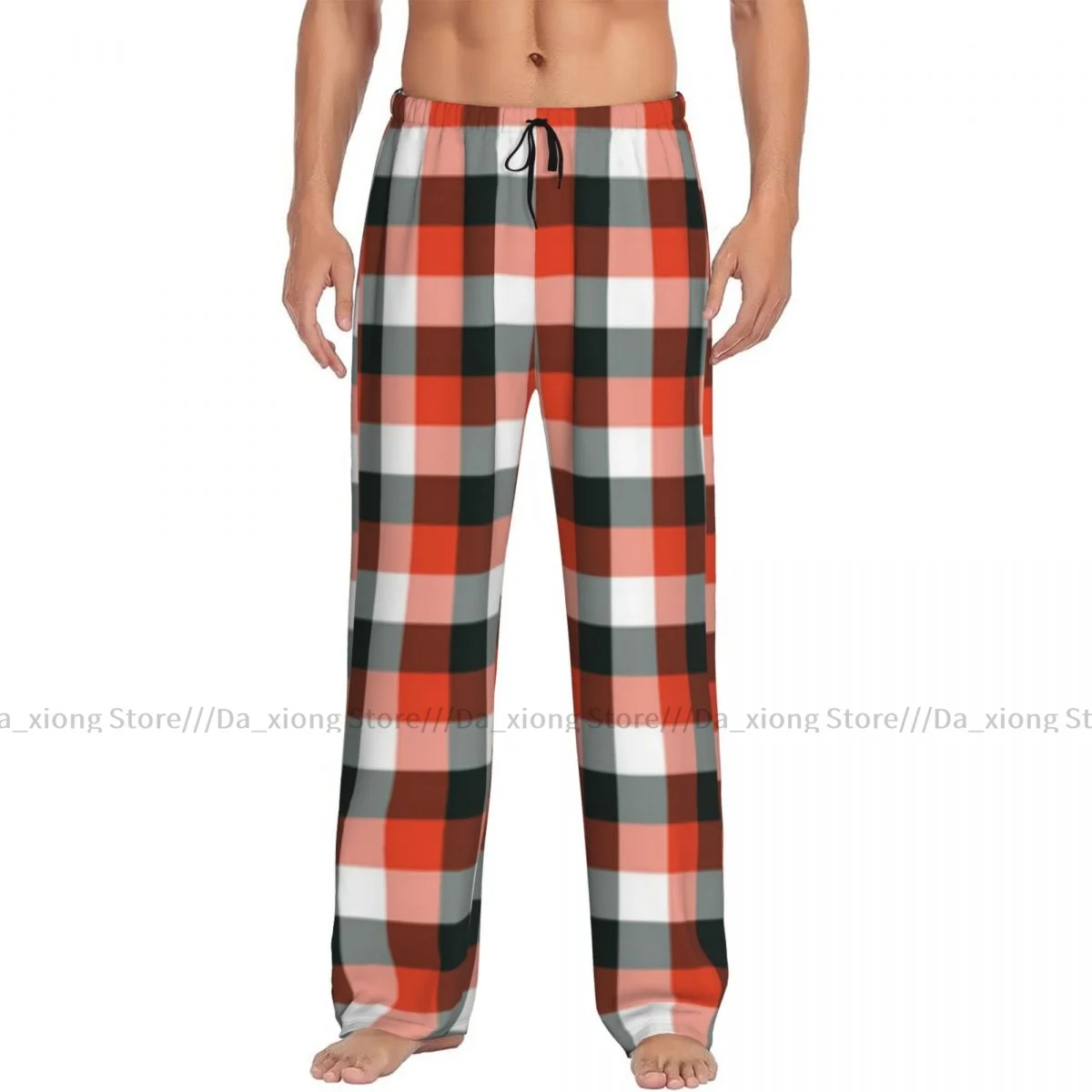 Mens Casual Pajama Long Pant Loose Elastic Waistband Tartan Background Cozy Sleepwear Home Lounge Pants