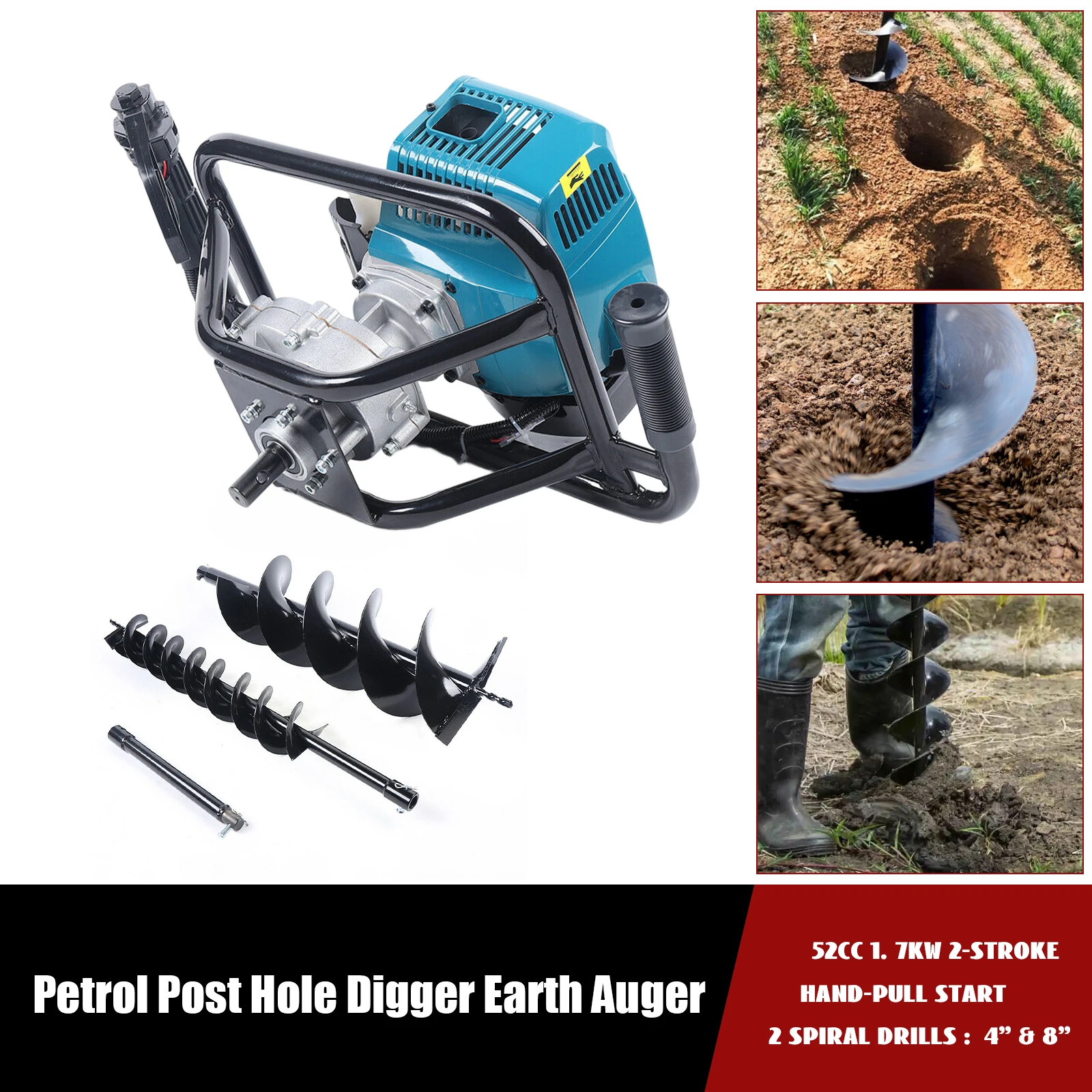 52CC 2.3HP 1.7kw Electric Earth Auger Gas Powered Post 2-Stroke Hole Digger w/ 4