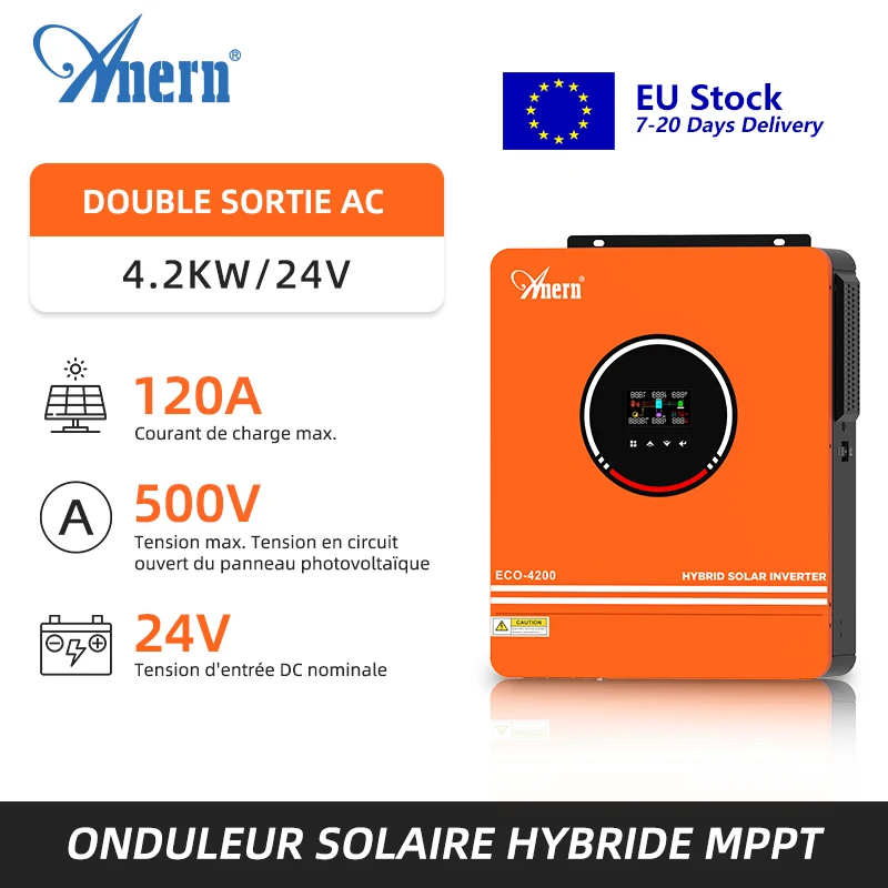 Anern 4200W 6200W onduleur hybride 24v Mppt sur réseau hors réseau onduleur 48v 230V entrée PV Max 500vdc MPPT 120A chargeur