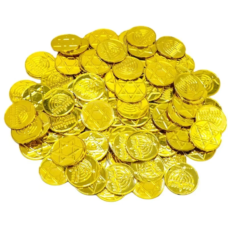 100pcs Hanukkah Gold Coin Plastic Chip Pirate Props Toys Crafts Jewish Menorah David Star
