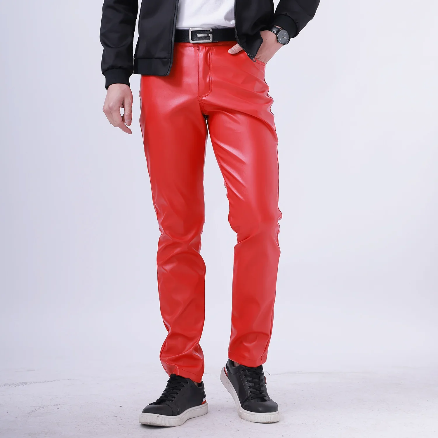 Spring Summer Thin Youth Mens Leather Pants Stretch Slim Fit Fashion Color White Bar Leather Pants for Men