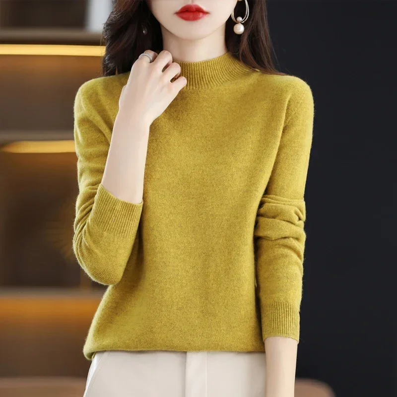 

Half High Solid Color Cashmere Sweater For Women Loose Pullover Autumn and Winter Contracted Commuter Basic Knitwear Top Base