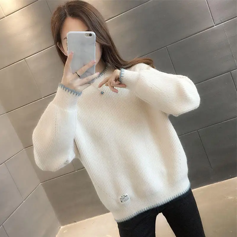 Autumn and Winter Women\'s Contrast Color Half High Collar Long Sleeve Knitted Sweaters Jumpers All-match Fashion Casual Tops