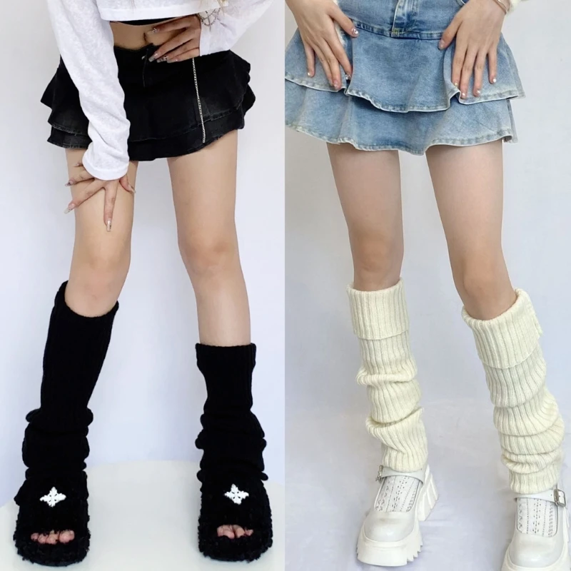 

Women Winter Autumn Chunky Ribbed Knit Leg Warmers Harajuku Solid Color Japanese Style Cover Thigh High Stockings