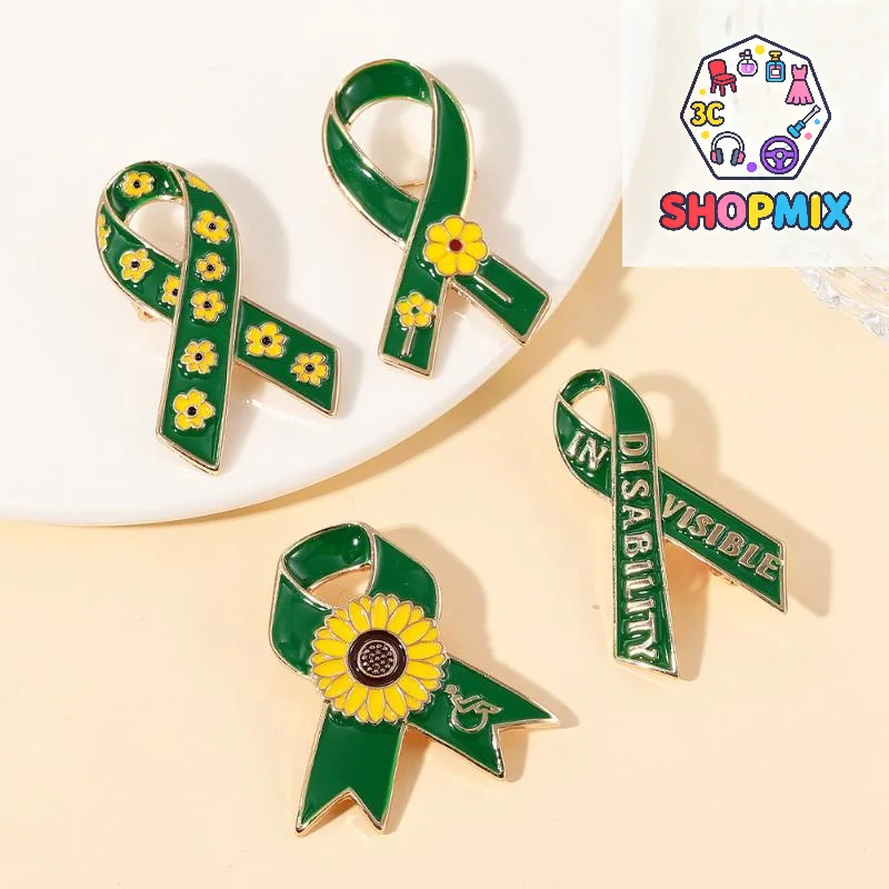 Sunflower Pattern Red Ribbon Theme Lapel Pins Green Disability In Visible Enamel Brooches For Disabled Person