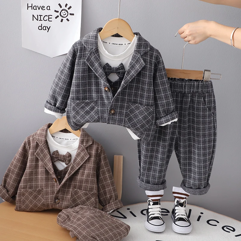 Children Clothing Spring Autumn Baby Boys Wear Infant Lapel Plaid T-Shirt Pants 3pcs/sets Toddler Casual Suit 0-5 Years