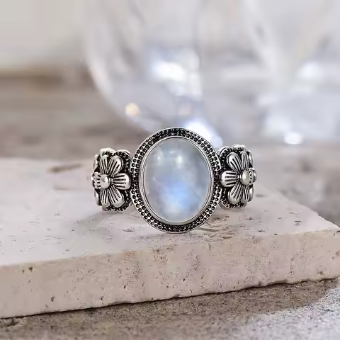 Vintage S925 Sterling Silver Rose Flower Ring With Oval 8*10mm Natural Moonstone Sweet Ring Fine Jewelry For Woman
