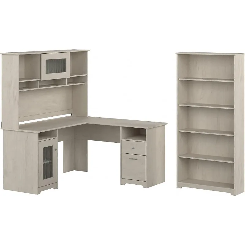 60W L Shaped Computer Desk with Hutch and 5 Shelf Bookcase in Linen White Oak