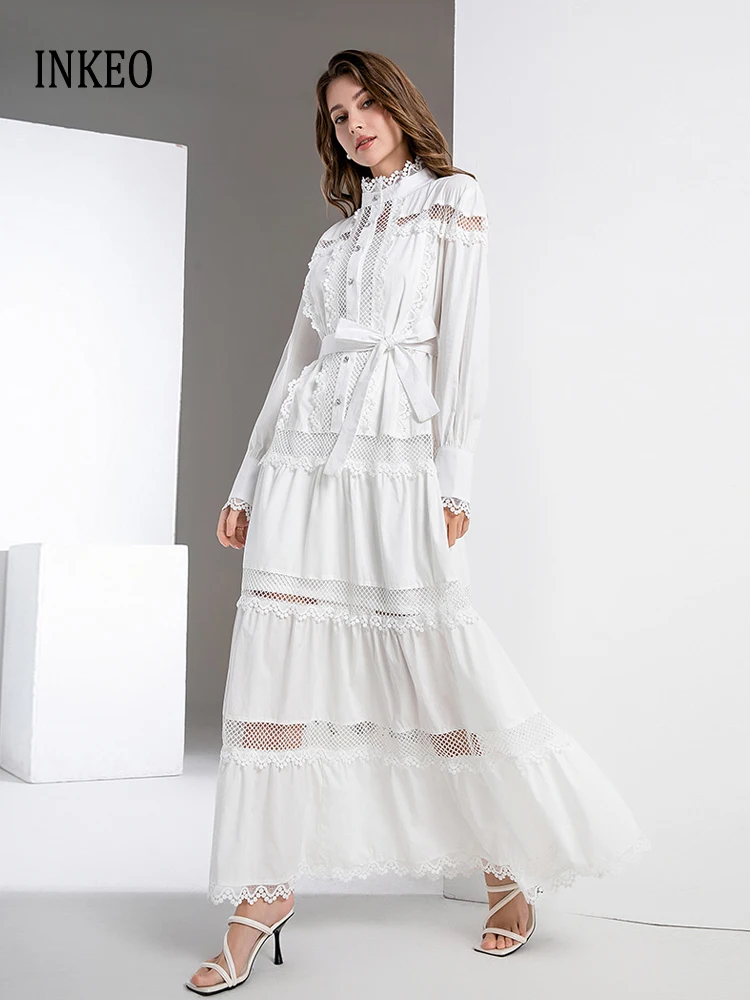 

Luxury Hollow out X-long shirt dress Women White Black 2025 Summer High quality Lace patchwork Maxi dresses Loose INKEO 5D072