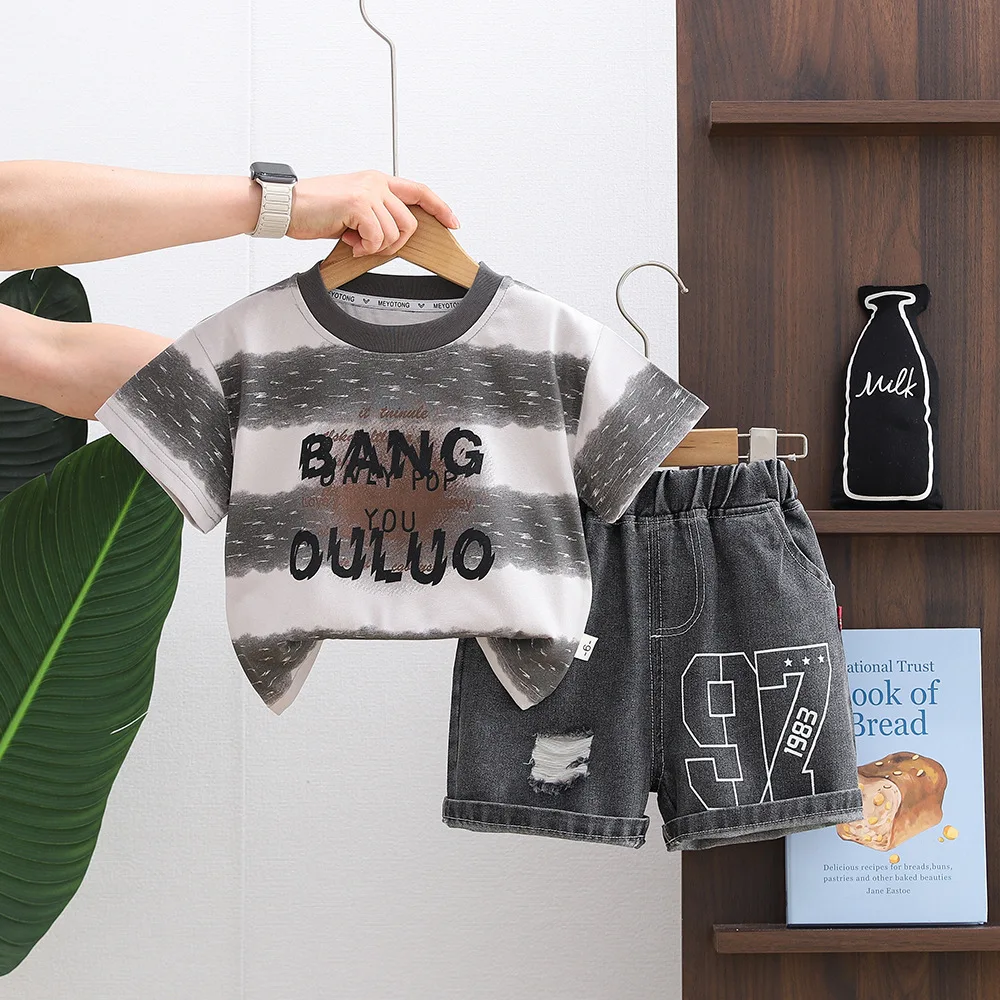 Toddler Boys Summer Outfit Baby Boy Clothes 2026 New Arrival Gradient Stripe T-shirt with Elastic Waist Denim Shorts 2 Piece Set