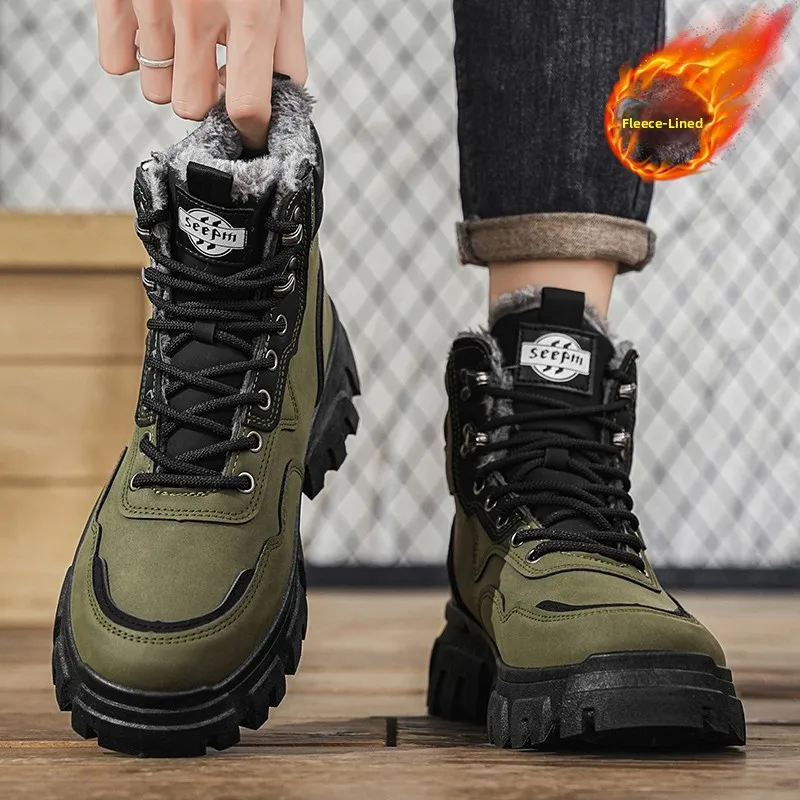 

Thickened Fleece Winter Snow Boots Men's High-Top Boot Outdoor Anti-Cold Cotton Shoes Wear-Resistant Workwear Boots