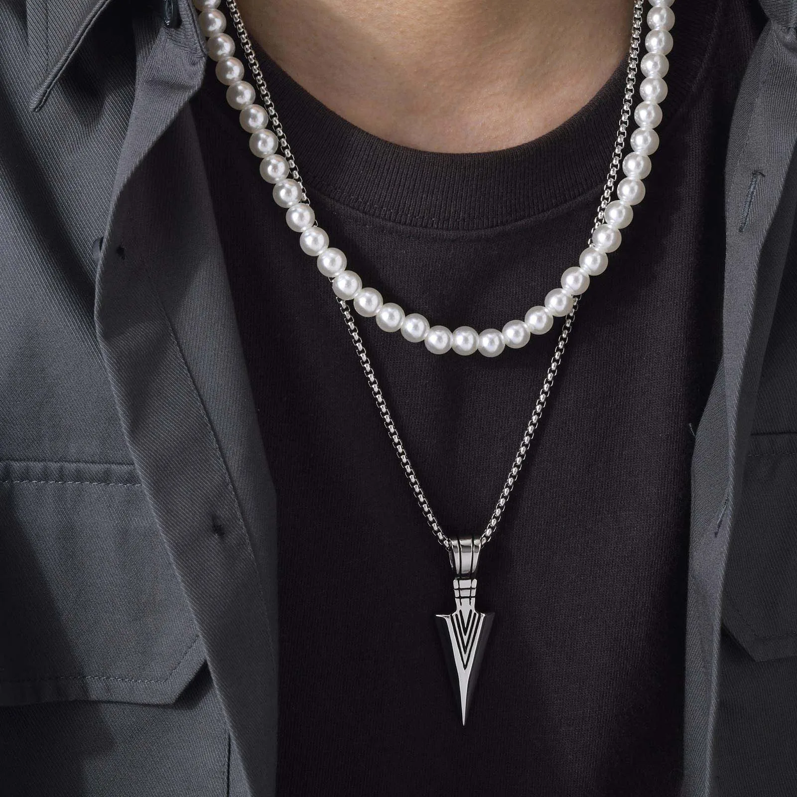 Rock Punk Stainless Steel Arrowhead Primal Necklaces for Men Tribal Spearhead Surf Jewelry with 8MM Simulated Pearl Chain Collar