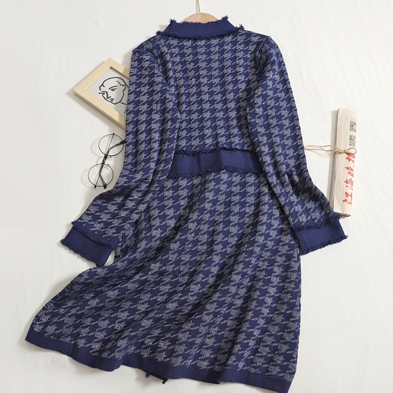 Autumn 2024 Women Elegant Vintage Knitted Dress Fashion Tassel Houndstooth Knitted O-neck Long Sleeve High Waist A-Line Dress