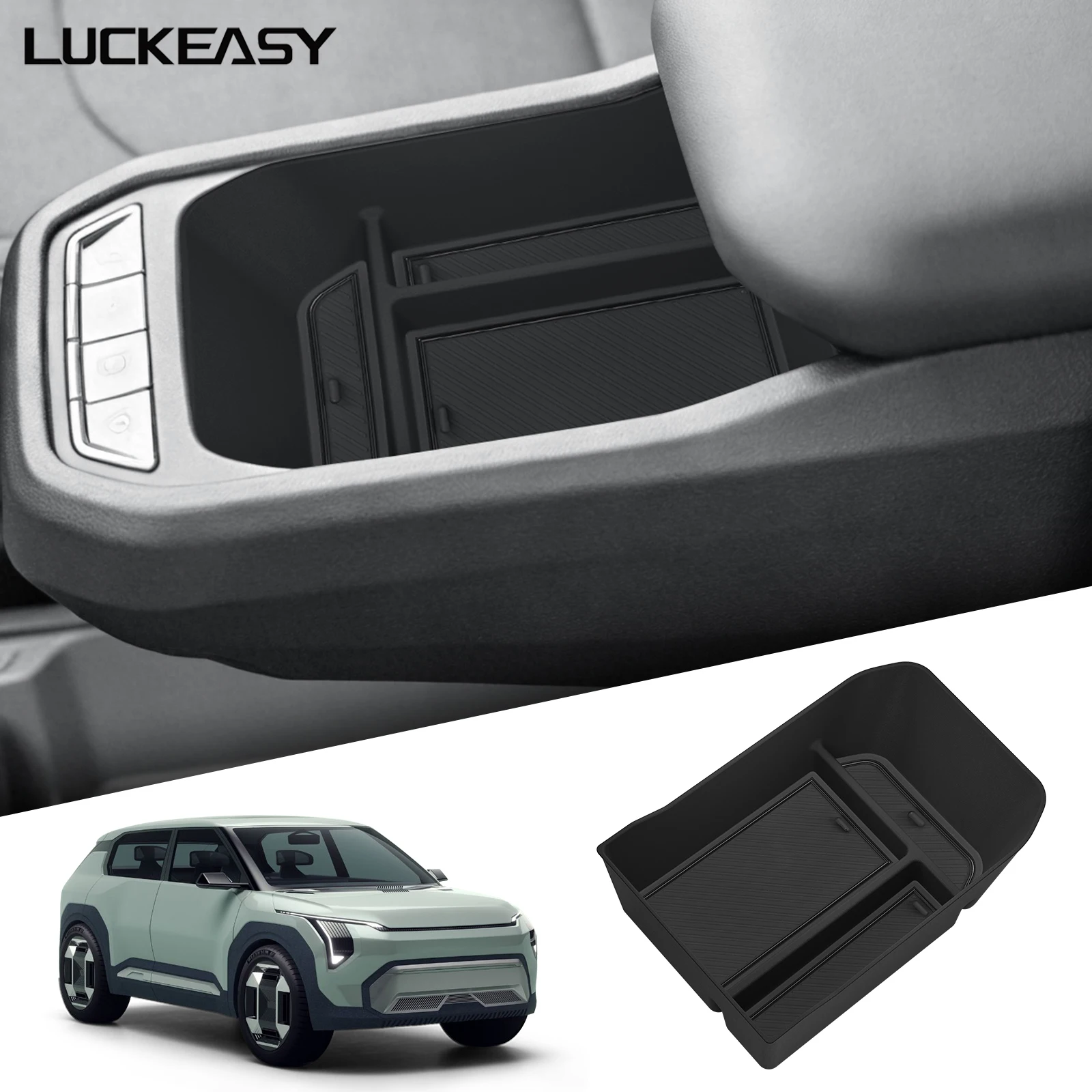 LUCKEASY für Kia EV3 2024-2026 Auto-Armlehnen-Aufbewahrungsbox ABS Ordnungsbox Mittelkonsole Ablage Zubehör Schwarz