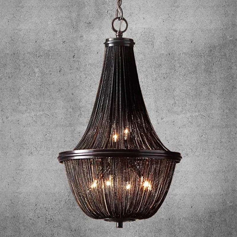 Vintage Industrial Black Metal Chain Bead Empire Teardrop Pendant Chandelier for Dining Living Room Home Decor