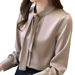 Silk Korean Office Ladies Elegant Shirt Women plus size Button Up Satin Blouse Vintage White Long Sleeve lace up Shirts Tops 6XL