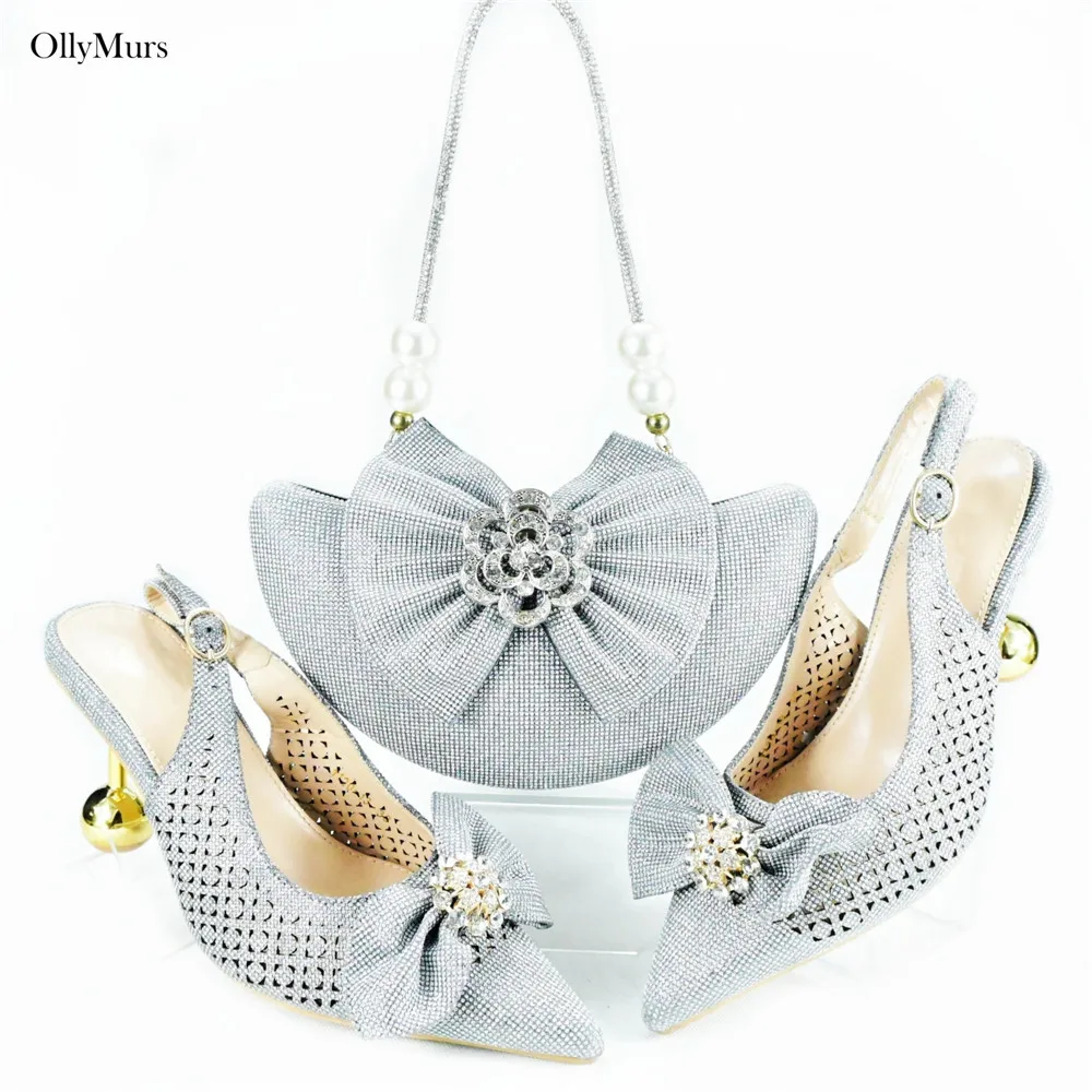 High Quality Ladies Crystal Shoes And Matching Bag Set African Style Woman High Heel Shoes And Bag Set For Party Free Shipping