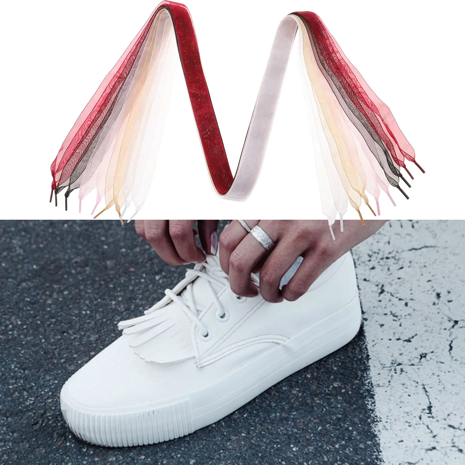 5 個シフォン靴ひも 120 センチメートルリボン文字列女性白バーガンディカーキ弾性スニーカーひも女の子のためのスポーツ