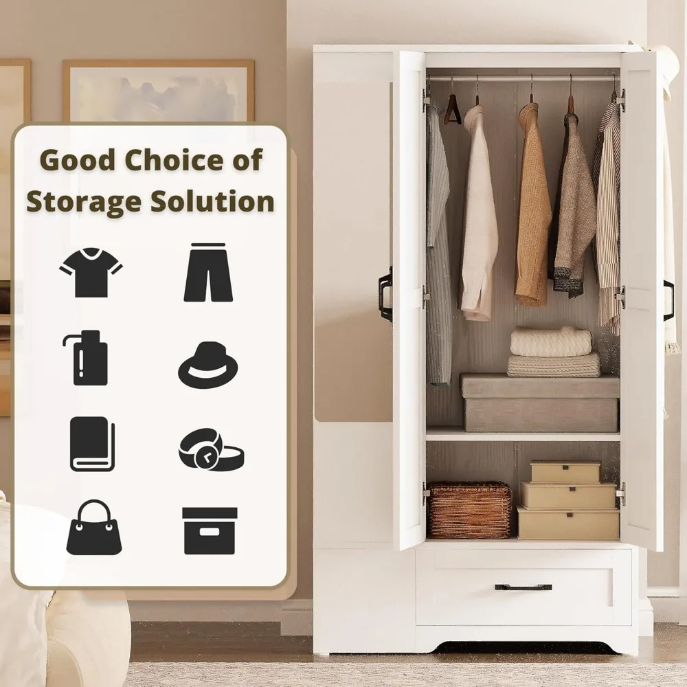 Armário de quarto de madeira de 70 polegadas com portas estilo celeiro, gavetas, espelho de comprimento total e 5 prateleiras