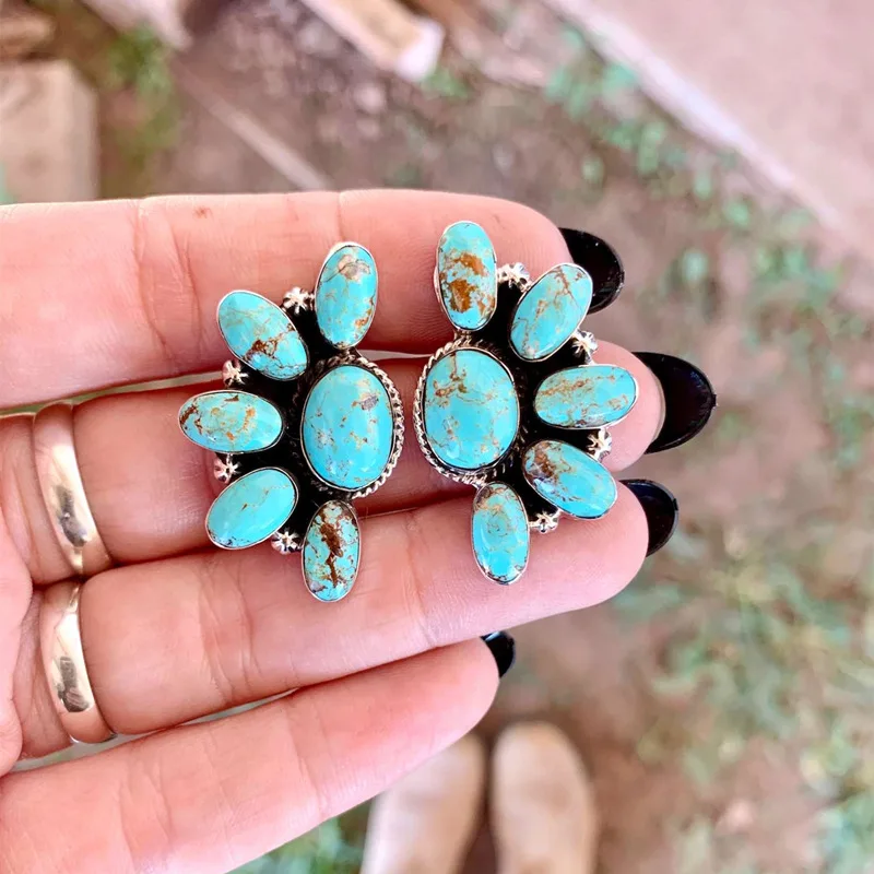 Western Vintage Turquoise Cluster Earrings Navajo  Inspired Cowgirl Turquoise Post Studs Earrings with Stone BOHO CHIC ACCESSORI