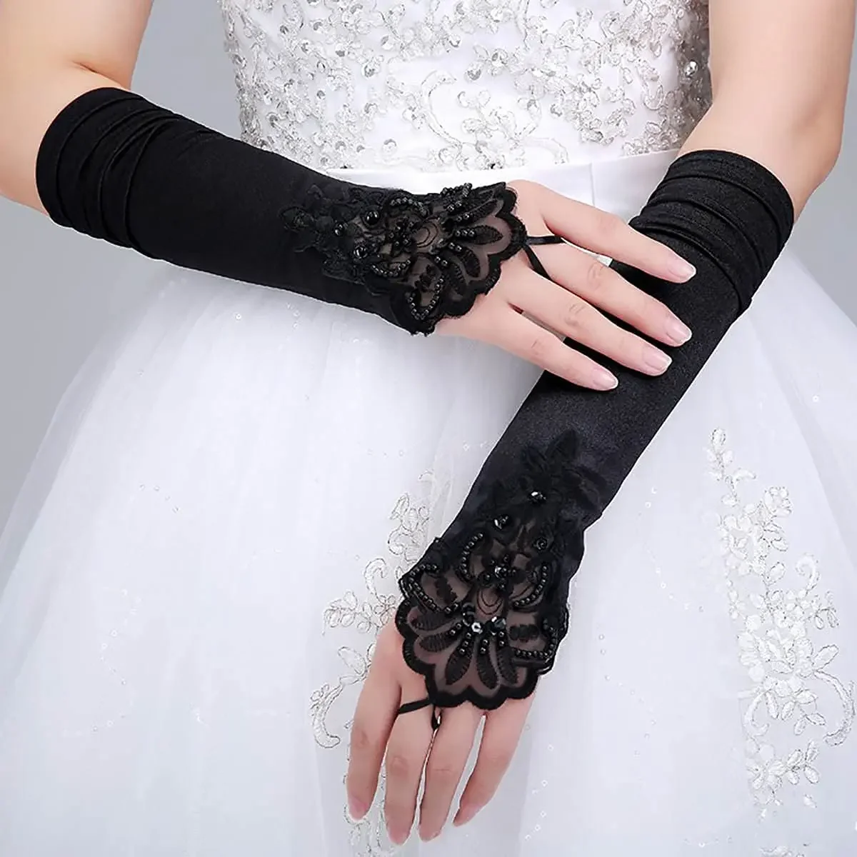 Guantes Flapper teñidos con cuentas negras, sin dedos, hasta el codo, guantes de fiesta de ópera de noche, tul transparente para mujer