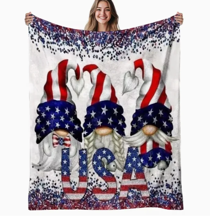 1pc USA Gnomes Flannel Blanket - Soft Warm 280gsm All-Season Gnome with Red White Blue Stars Contemporary Bedspread for Sofa