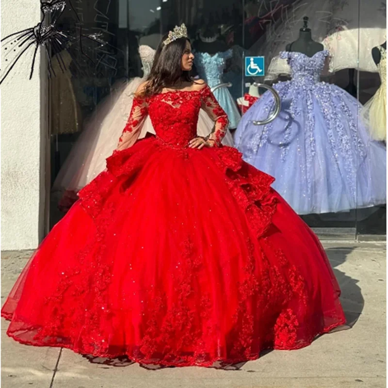 ANGELSBRIDEP Shiny Red Quinceanera Dresses with Big Bow Boat Neck Beading Lace Appliques Vestidos De 15 Anos Birthday Party