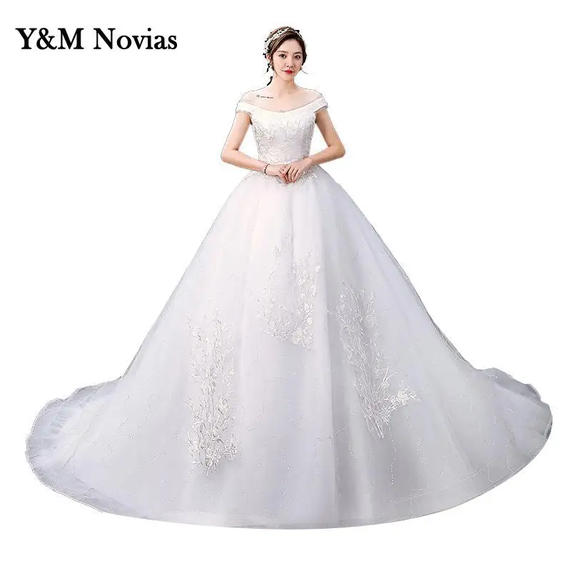 

Korean Simple Sexy Boat Neck Off the Shoulder Wedding Dresses Fashion Princess Lace Appliques Bridal Dress Gown Vestido De Noiva