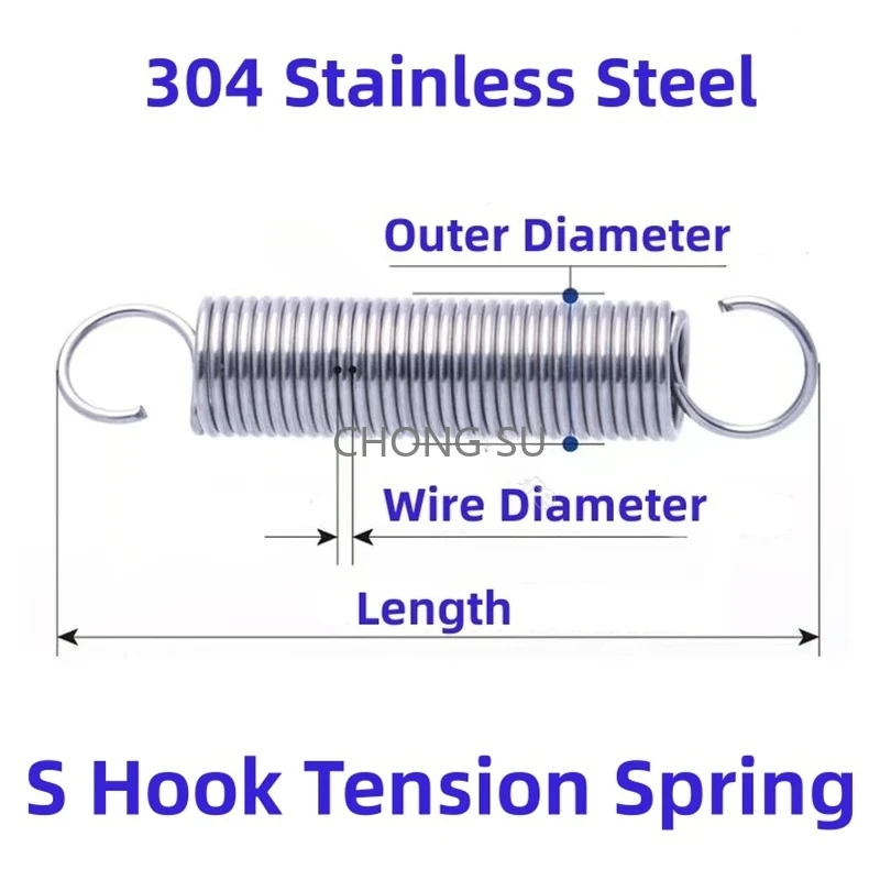 0.5mm Open S Hook Tension Spring Stainless Steel Cylindroid Helical Coil Extension Pullback Expansion Tensile Stretching Springs