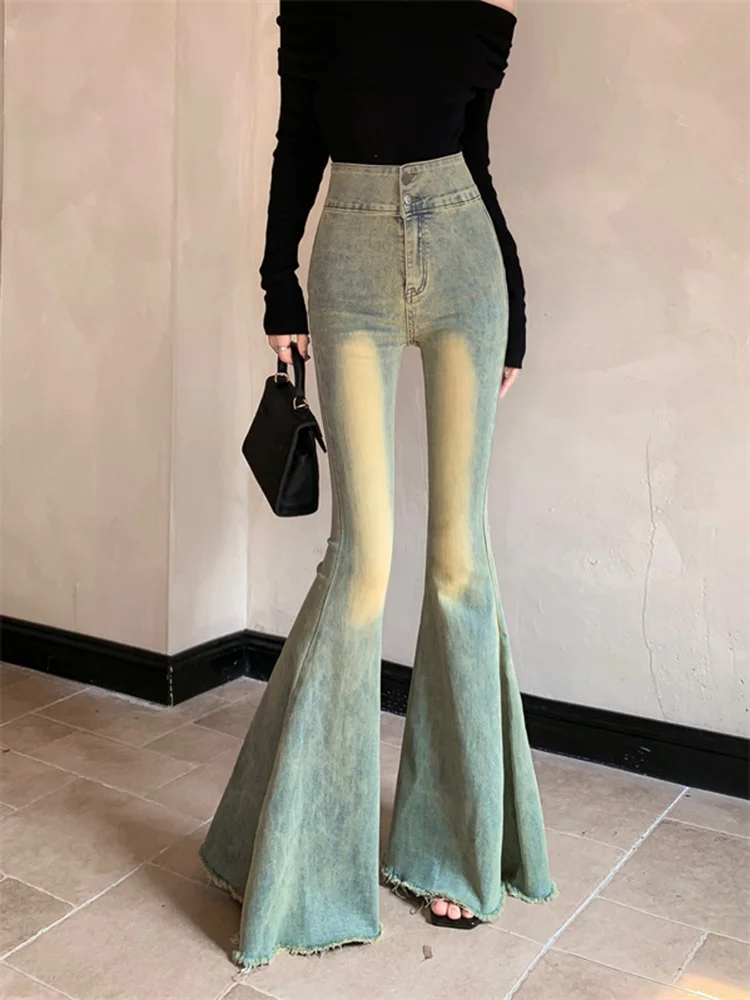 

Vintage Jeans Women Fashion Slim High Waist Denim Pants Autumn Flare Long Trouser Wide Leg Sexy Elegant Streetwear