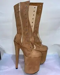 20CM sexy women's super high heel thin heel hate sky high waterproof platform, brown pole dance using ankle boots