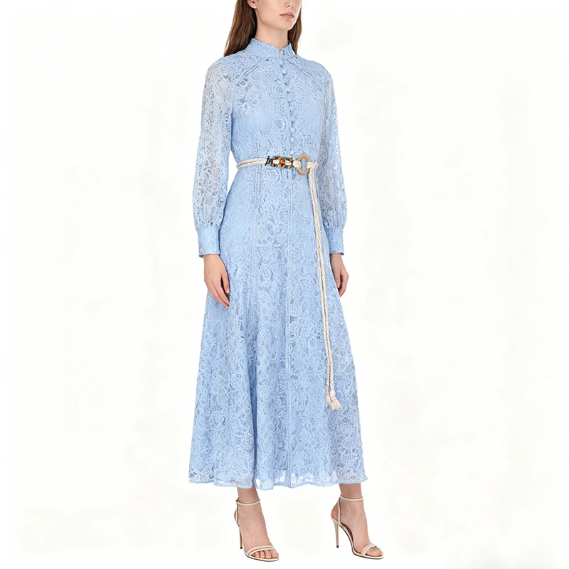 エレ ロングレースドレス ベルト付き ヴィンテージ ハイカラー 通勤 スタイリッシュ ポリエステル繊維 ウェディングドレス ユニバーサルフィット ロングスリーブ