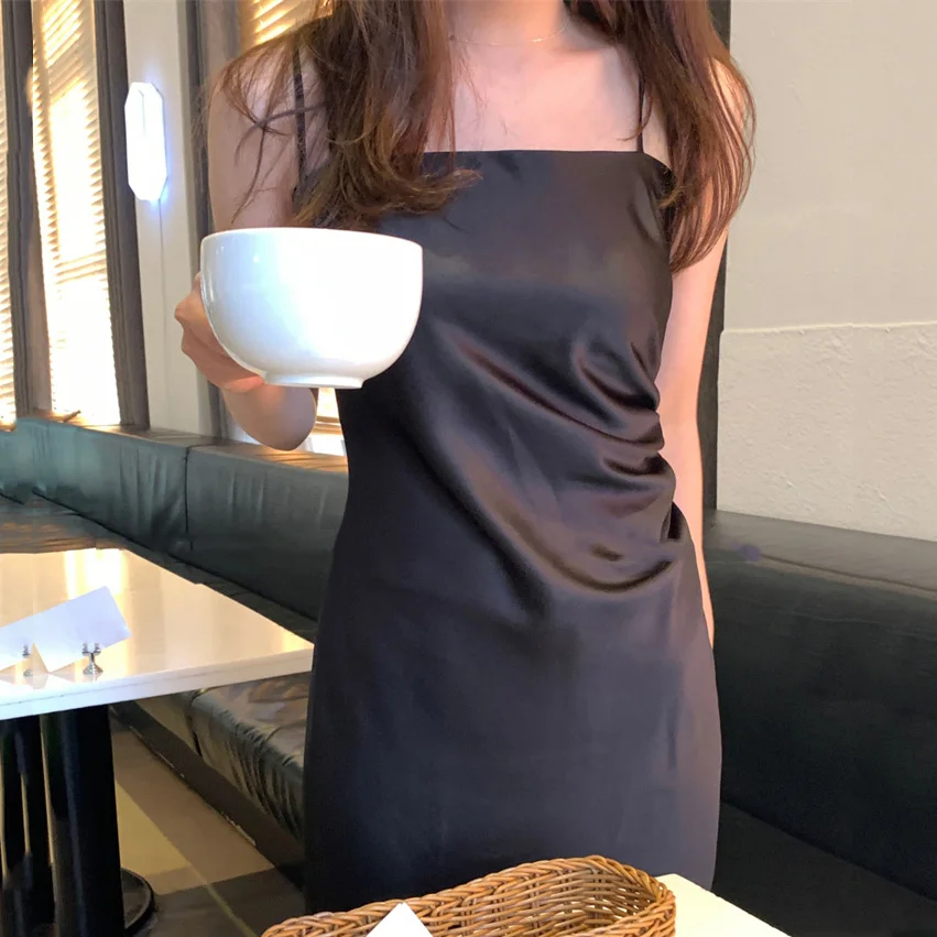 Ele Summer Silk Satin Lungo Dr Abito da donna con cintura dimagrante senza spalline Ladylike Sle Pendolarismo Adatto X-ape Silhouette