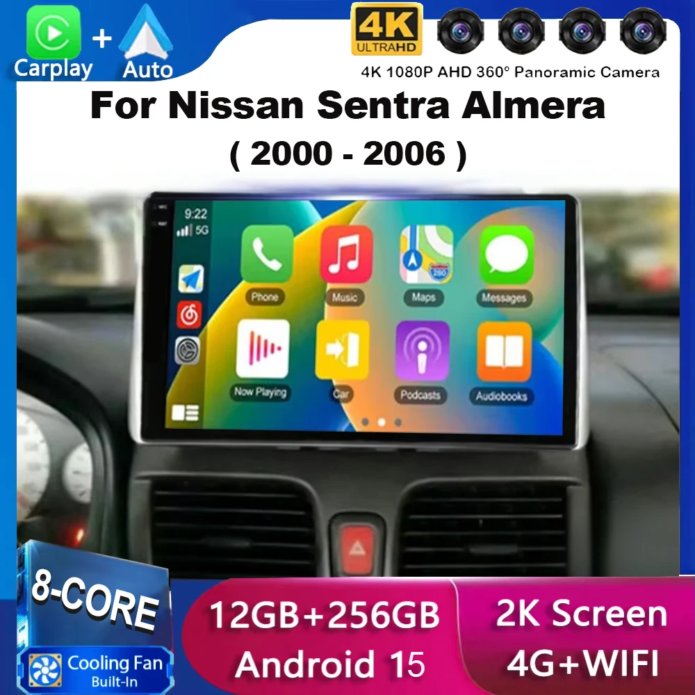 Radio Multimedia para Auto con Android 15 para Nissan Sentra Almera 2000-2006, Reproductor de Video, Carplay, Navegación, Unidad Principal 4, 4G, WIFI, BT, DSP