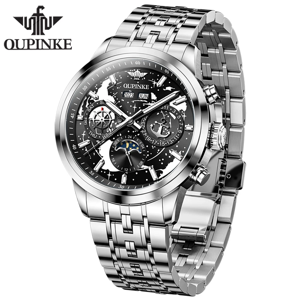 

OUPINKE Men's Watches Fine Steel Luxury Fashion Original Automatic Mechanical Watch for Man Moon Phase Calendar Voyage Series