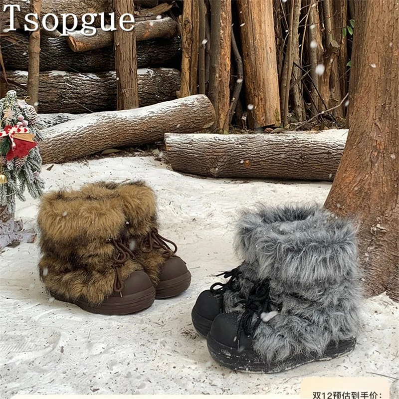 

Brand Design Couple Mid Calf Snow Boots Winter New Thick Soled Round Toe Lace Up Men and Women Warm Cotton Wool Shoes