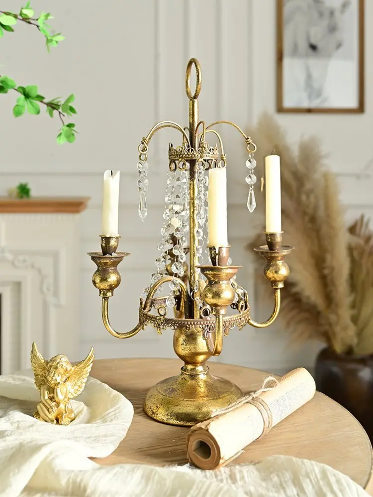 Four-headed gold high-end atmospheric home dining table decoration embellished candlelight dinner candle holder old wrought iron