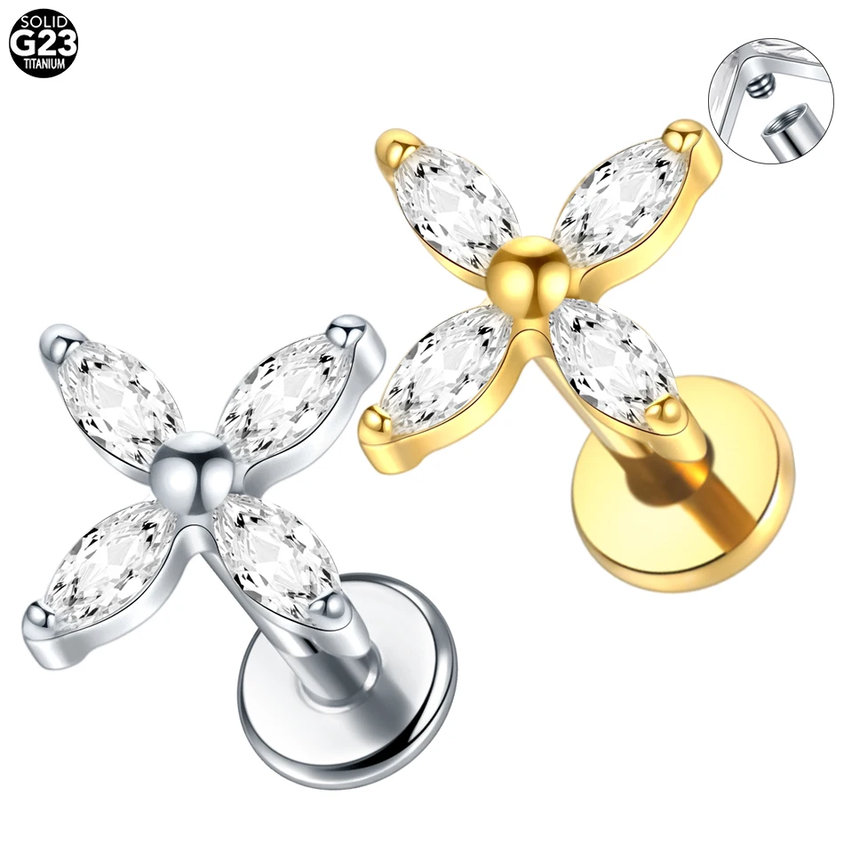 1PC G23 Titanium 16G Marquise Lotus CZ Flower Flat Back Stud Labret Tragus Helix Cartilage Conch Earring Piercings Sexy Jewelry