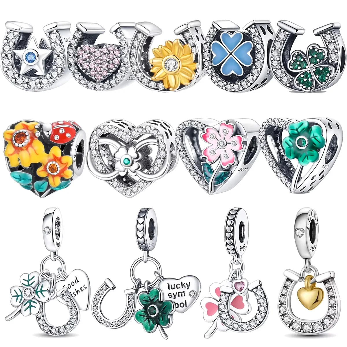 

925 sterling silver green horseshoe clover pendant charms fit original bracelet charm beads necklace Diy female jewelry
