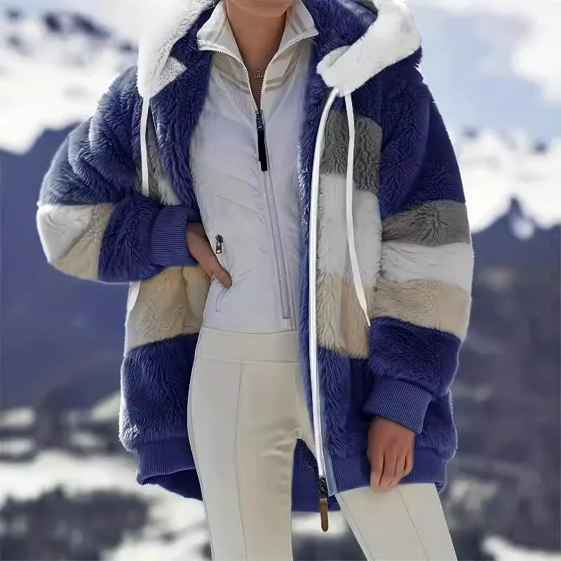 معطف كارديجان بسحاب من الفرو الصناعي للنساء سترة شتوية دافئة بغطاء للرأس معطف خارجي من القطيفة مع جيب ملابس خارجية