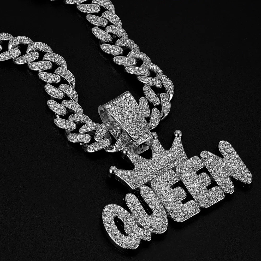 Men's Hip Hop Crown with QUEEN Letter Pendant Necklace For Women Crystal Cuban Chain Iced Out Bling Necklaces Rock Biker Jewelry