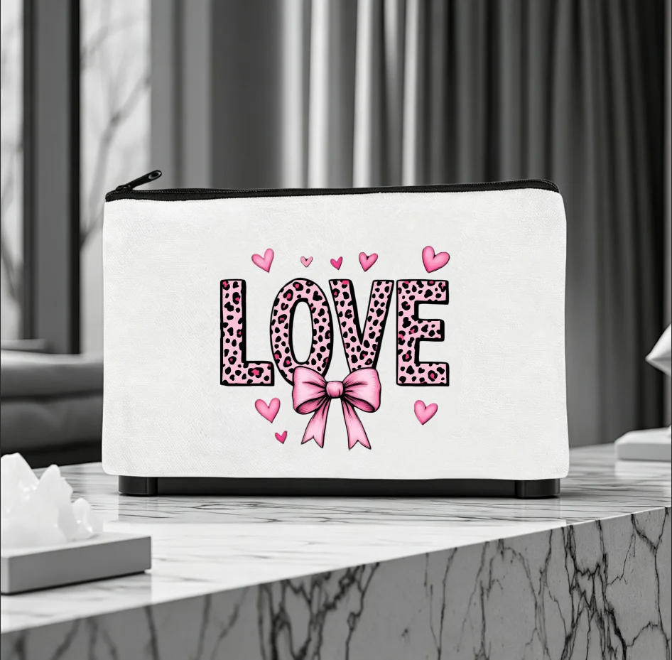 1PC Leopard LOVE Bow Hearts Girly Graphic Print Canvas Cosmetic Bag Portable Zipper Storage Pouch
