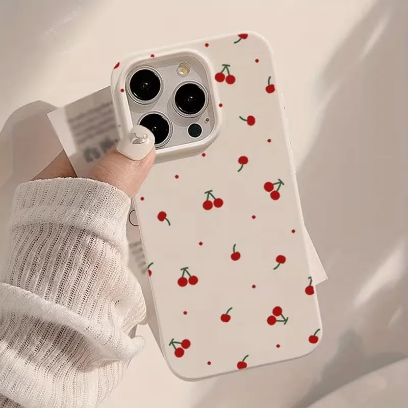 

INS Style Red Cherry Soft White Case for iPhone 11 12 13 14 15 16 17 Pro Max Shell 15 16 Plus 17Air 16E Shockproof Funda Cover
