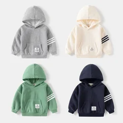 2024 Autumn Winter Boys Striped Sleeves Hoodie Children's Clothing For 2-7Years Kids Solid Color Casual Sports Warm Sweatshirt