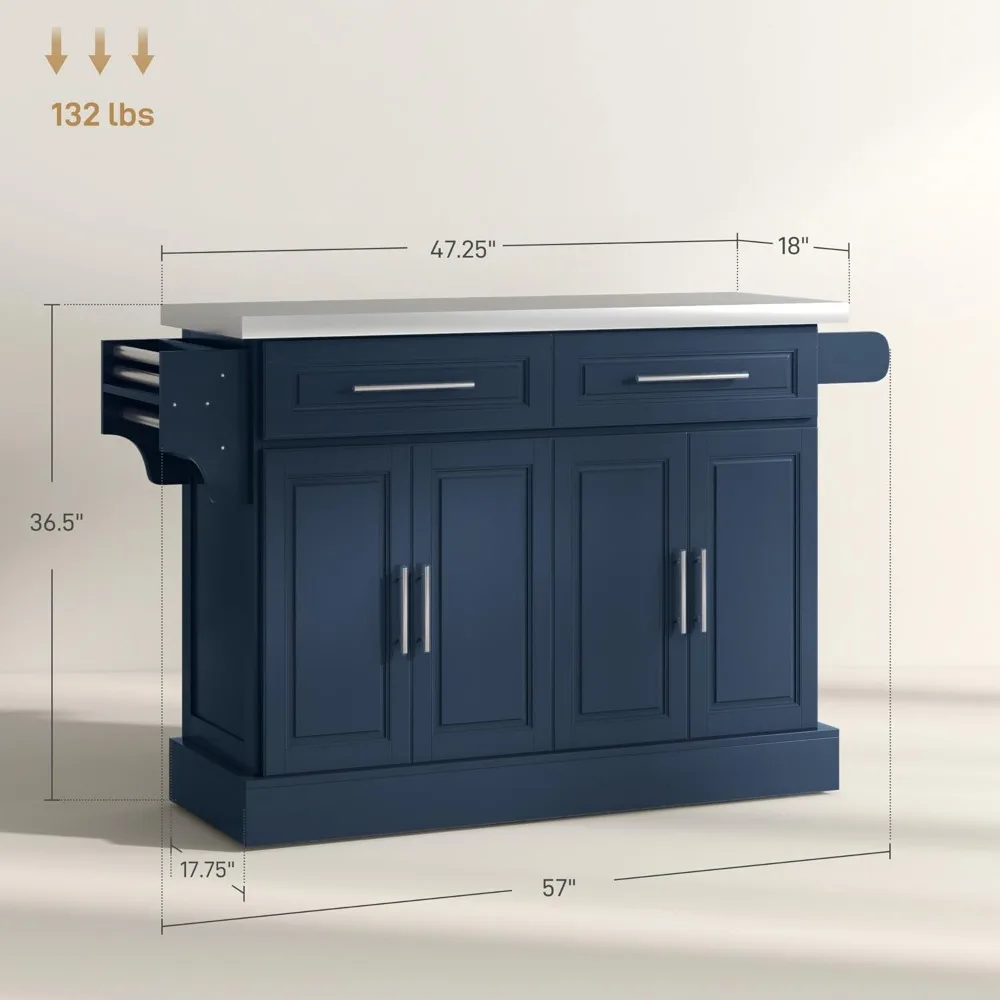 Rolling Island met wielen voor keuken, draagbaar keukeneiland met roestvrijstalen blad, marineblauw, keukeneilanden en trolleys