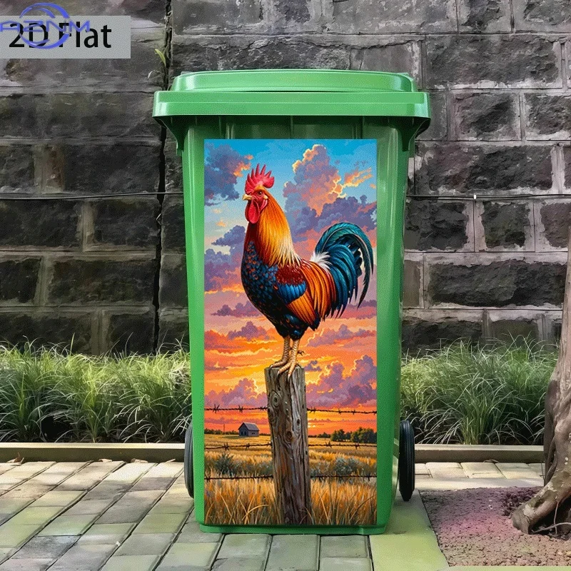 1pc of Trash Can Sticker Measuring  with The Theme Design 'Rooster Heralds The Morning Light'. Self-Adhesive Wall Decoration W