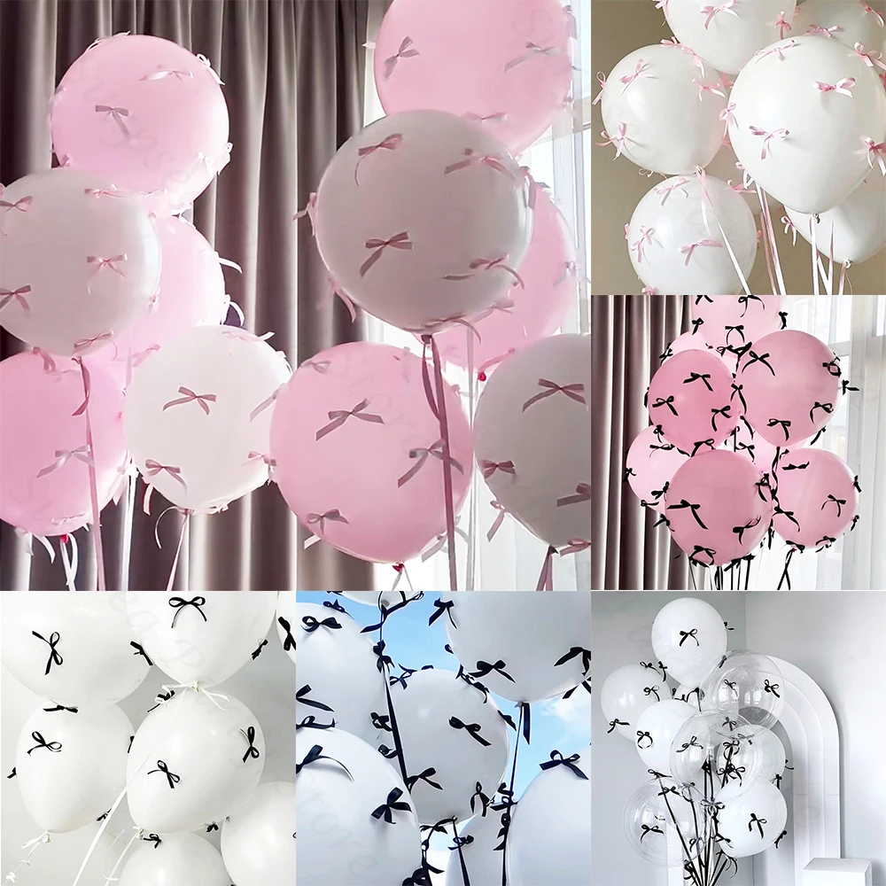 Rosa Schleife Luftballons Set Mini Rosa Schwarz Band Schleifen Ballon Boho Hochzeit Brautparty Dekorationen Mädchen Geburtstag Babyparty Dekor