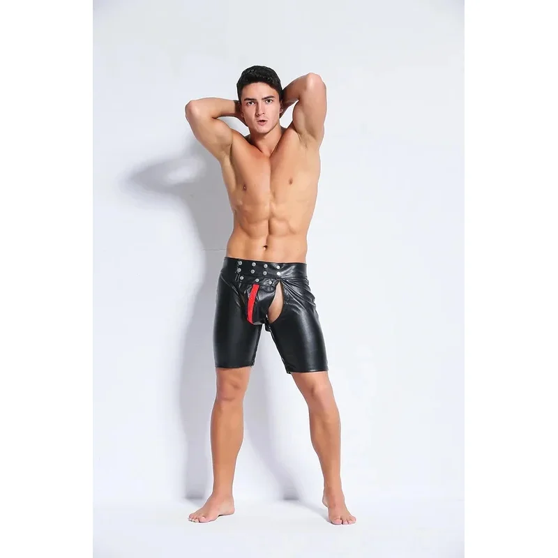 qq28LQMens مثير ضيق اللاتكس PVC عبودية القوطية الرجال الأسود بولي Leather السراويل الجلدية تيدي الوثن ازياء كلوبوير فاسق زي