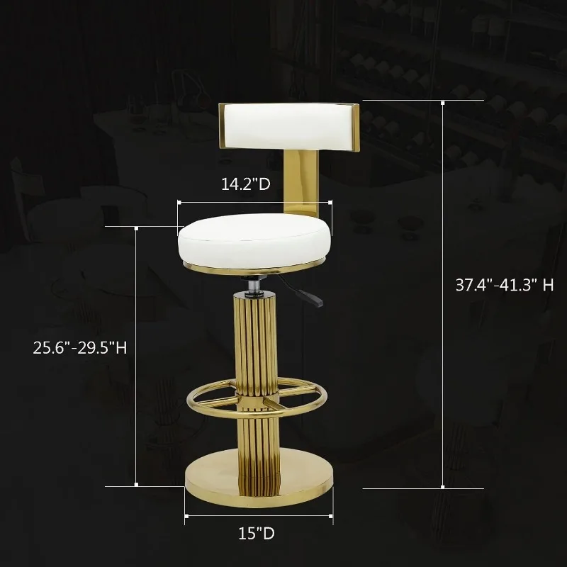 Taburete de bar moderno de altura ajustable, silla de bar giratoria con patas de acero inoxidable dorado pulido y cómodo cojín de asiento blanco