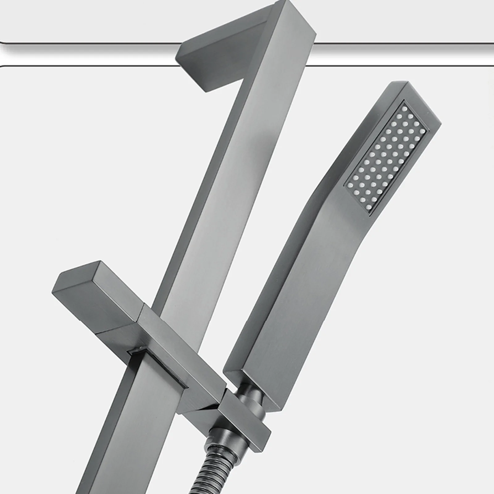 Gun Gray Square Adjustable Shower Slide Bar, No Water Inlet Design Shower Hook with Handheld Shower Head Set for Bathroom
